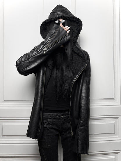 14th addiction hooded Sheep Skin leather jacket